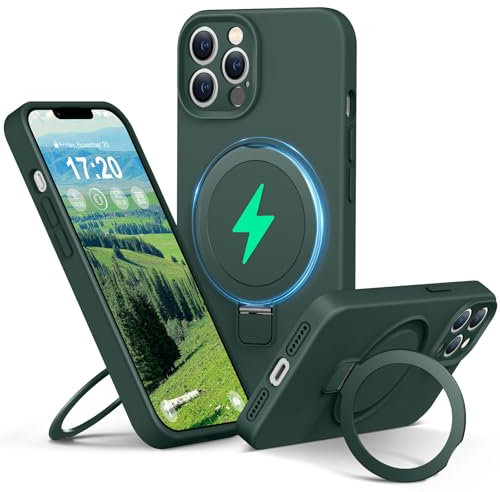 PuyaTeya Liquid Silicone Case for iPhone 13 pro max with Magnetic Ring Stand, Upgraded camera lens protection, Mil-Grade Drop Shockproof, Anti-Scratch Microfiber Lining Silicone Case(Green)