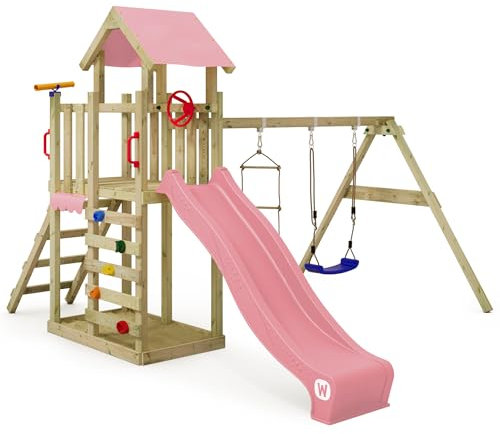 Wickey Spielturm Klettergerüst MultiFlyer Light, Schaukel & pastellpinker Rutsche, Outdoor Kinder Kletterturm mit Sandkasten, Leiter & Spiel-Zubehör für den Garten