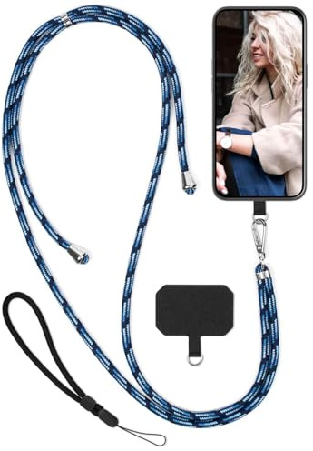 moex Unleash für OnePlus 13 Handyband zum Umhängen ohne Hülle, Handykette Universal mit Karabiner, Handy Band abnehmbar, Kette mit Pad für Handyhülle, Navy, Silber