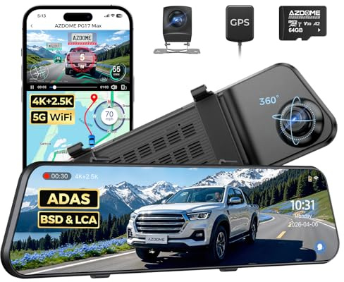 AZDOME PG17 MAX Rückspiegel Dashcam 4K Vorne Hinten, 12 Zoll GPS WLAN 64 GB | Touchscreen Bedienung, Super Nachtsicht, WDR-Technologie, Sprachsteuerung, einfache Montage, Weitwinkelaufnahme