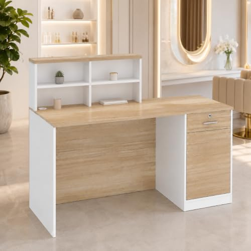 DEZAGCE Mesa de recepción, mesa de recepción, mostrador de recepción con compartimentos abiertos, mostradores de recepción con 1 cajón y 1 armario, muebles de oficina, color madera y blanco, 140 X 60