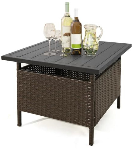 Multigot Rattan Garden Side Table, Patio Wicker Bistro Dining Tables with Umbrella Hole, Pool Umbrella Coffee Table for Backyard, Patio and Beach (With 5CM Umbrella Hole)