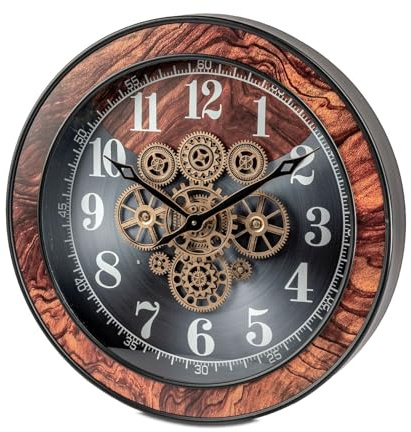 formano XXL Wanduhr antik Zahnräder 58x58cm Metall, goldene drehende Zahnräder Wurzelholz-Dekor, batteriebetrieben, Vintage Design, edle Uhr für Wohnzimmer, sichtbare Mechanik