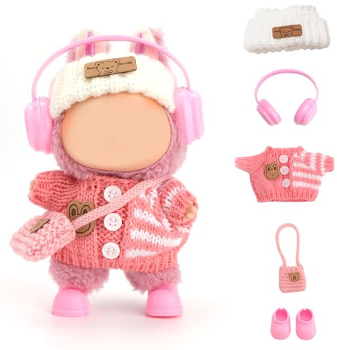 FIDWALL Puppenkleidung für Labubu,5-teiliges Outfit-Set für 17cm Puppen,handgefertigte Häkelkleidung,enthält gestricktes Stirnband,Kopfhörer,Strickpullover. (Pfirsichrosa)