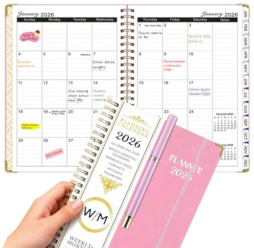 Agenda settimanale 2026 2027 A5 con Penna Rosa Inclusa, Planner da gennaio a Dicembre 2026 con Copertina Rigida Elegante, pianificatore settimanale e mensile per Scuola Ufficio casa