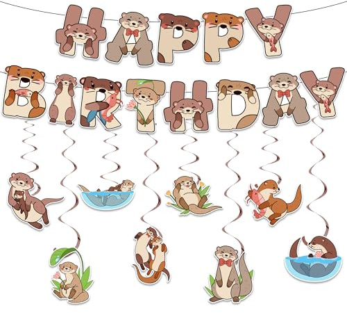 Otter Thema Geburtstag Deko Set - Niedliche Happy Birthday Banner Girlande mit Spiralen Hängedeko, Otter karte Dekorationen für Kindergeburtstag Junge Mädchen Geburtstagdeko