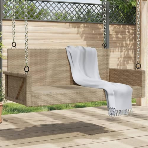 QZZCED Hollywoodschaukel aus synthetischem Rattan, Beige, 119 x 56 x 48 cm, mit Schaukelfunktion und Befestigungsringen, wetterfestes Outdoor-Möbel und robuste Struktur