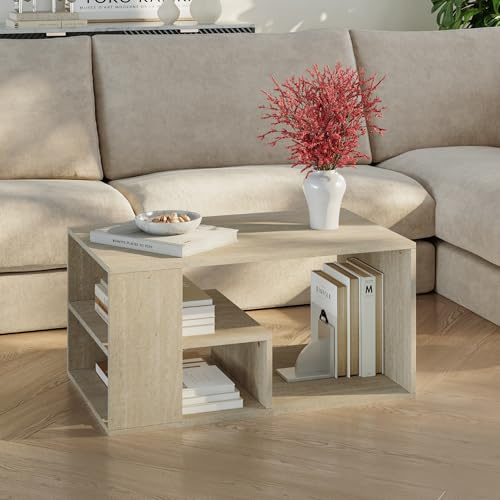 [en.casa] Couchtisch Antaa Wohnzimmertisch 80 x 50 x 40 cm Sofatisch mit Stauraum Beistelltisch rechteckig Kaffeetisch Travertin