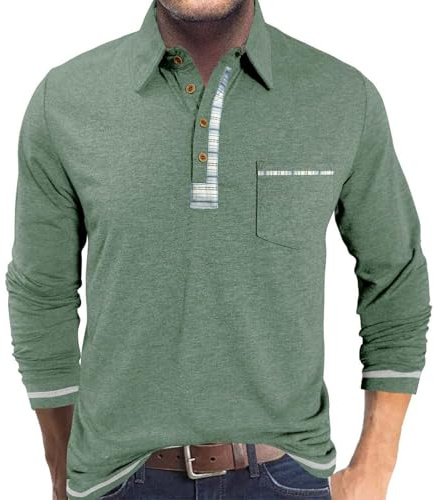 LAOARA Mens Polo Shirts Long Sleeve Top Casual T Shirt Button Lightweight Fashion Tshirts with Pocket M-3XL