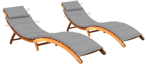 Holepyr Tumbona plegable de madera de acacia maciza, 2 unidades, 184 x 55 x 64 cm, cojín de 4 cm, tumbona de jardín para terraza, balcón, piscina, playa y sauna