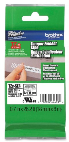 Brother Genuine P-Touch TZE-SE4 Tape, 3/4 (0.7) Wide Tamper-Evident Laminated Tape, Black on White, Primarily for Property Security Applications, Water-Resistant, 0.7 x 26.2' (18mm x 8M), TZESE5
