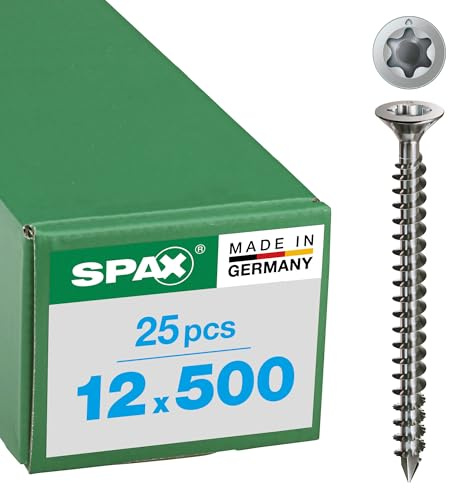 SPAX Holzbauschraube aus Edelstahl rostfrei A4, 12,0 x 500 mm, 25 Stück, T-STAR plus, Senkkopf mit Fräsrippen, Vollgewinde, CUT-Spitze, 1208001205005