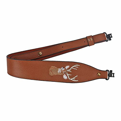 TOURBON Vintage Leather Deer Head Embroidery Padded Rifle Gun Sling Strap - Brown (With Swivels)