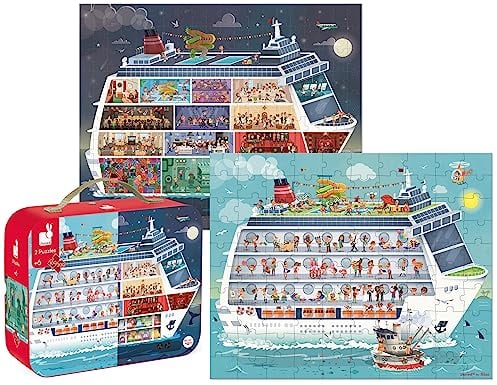 Janod J02726 Puzzlekoffer Kreuzfahrt Tag & Nacht Doppelpuzzle 200 Und 100 Teile, Mehrfarbig