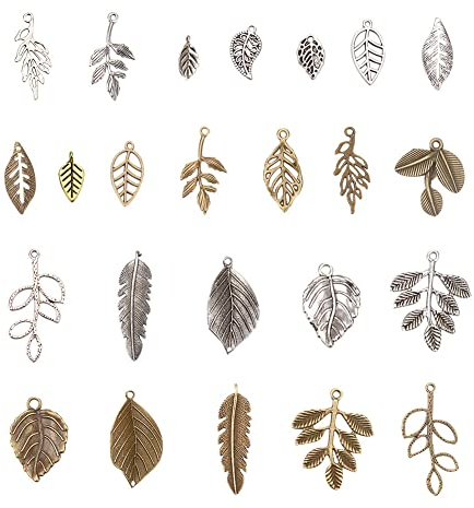 PandaHall 96pcs 14 Arten tibetische Legierungs-Baum-Blatt-Charme-Anhänger-Blatt-Niederlassungs-Korn-Charme für die DIY Armband-Halsketten-Schmucksachen, antikes Bronzesilber