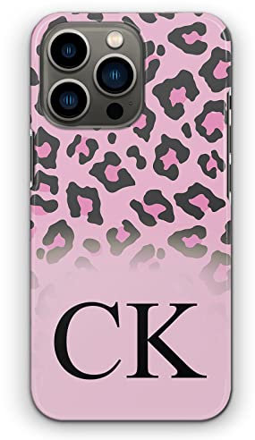Personalised Initials Phone Case For Apple iPhones, 16, 15, 14,13, 12, 11, Pro Max, Mini, XR, SE Black Monogram, Initials on Pink Leopard Print Hard Phone Cover