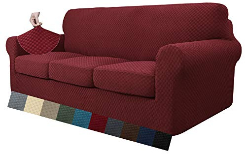 MAXIJIN Stretch Sofabezug Thick Couchbezug mit Separatem 3 Kissenbezügen Jacquard-Karo Schonbezug Sofa Wohnzimmer mit Elastische Bänder und Schaumstoffstäbe (4 Sitzer, Weinrot)