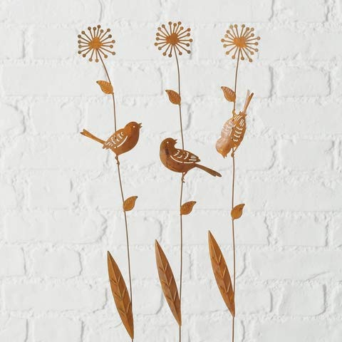 Gartenstab Garten-Deko Blume mit Vögel H 46 cm Eisen Edelrost 3er Set