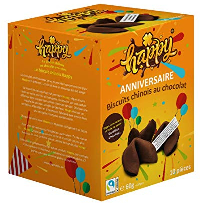 Biscuits avec Message Happy Birthday de Happy, Biscuits de Fortune au Chocolat, Végétaliens, Boîte de 10, avec des Messages Inspirants (1 Boîte avec 10 Fortune Cookies de 6 g)