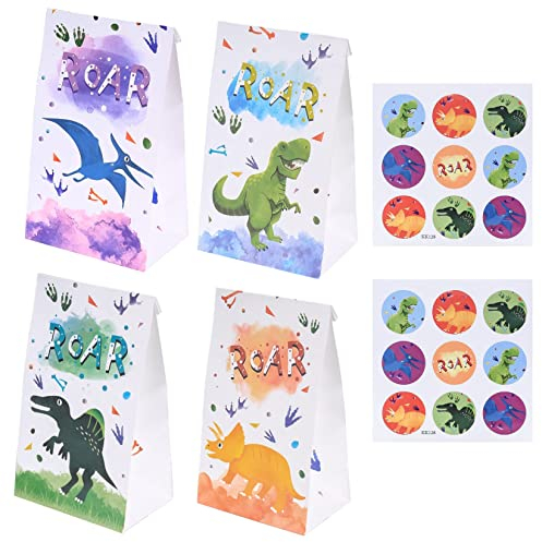 12 Stück Geschenktüte Geburtstag,Eingedickte Dinosaurier Papiertüten,Bunt Candy Papier Tüten für kindergeburtstag tüten,Partytüten mit 18 Dino Aufkleber für Geburtstagsfeier Geschenke