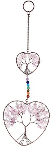 mookaitedecor Quartz Rose Ornement à Suspendre Arbre de Vie à Double Cœur Décoration Murale en Pierres de Cristal Reiki pour la Maison et Le Bureau