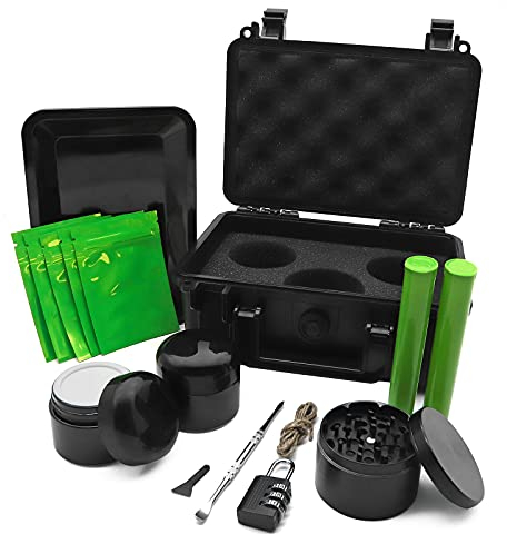 Vakuny ABS geruchsdichte Aufbewahrungsbox aus Kunststoff - Tragbare Humidor Box mit Schloss - Eingebaute gepolsterte Schutzbox - Schwarze wasserdichte Box - 14-teiliges Zubehör-Kit