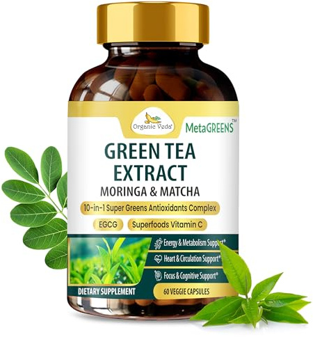 Organic Veda Green Tea Extract Matcha Moringa EGCG Capsules - MetaGreens 10-in-1 Antioxidants, Energy & Metabolism Supplement - Vitamin C, Polyphenol, Green Coffee Bean Extract, Turmeric - 60 Capsule
