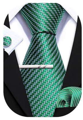 Barry.Wang Juego de 4 corbatas de seda a cuadros para hombre, diseño de rayas, de bolsillo, cuadradas, para bodas, negocios, Verde esmeralda brillante, Taille unique