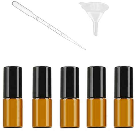 NA Rollerflaschen für ätherische Öle, 3 ml, nachfüllbar, braun, bernsteinfarben, Glasflaschen mit Edelstahl-Rollkugeln, inklusive 1 Trichter und 1 Kunststoffpipetten, 5 Stück