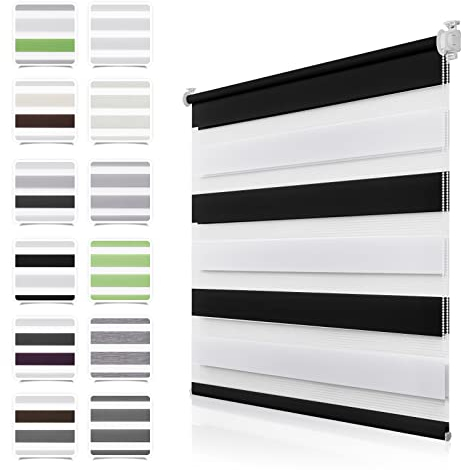 Doppelrollo Klemmfix ohne Bohren Schwarz-Weiß B60 x H140cm(Stoffbreite 55cm) Duo Rollos für Fenster ohne Bohren Klemmrollo Zebrarollo Seitenzugrollo mit Kindersicherung Fenster Rollos für innen