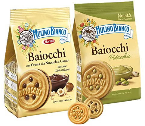 Mulino Bianco Mix Baiocchi Biscotti Farciti con Crema al Cacao e al Pistacchio, 240g [2 Confezioni]