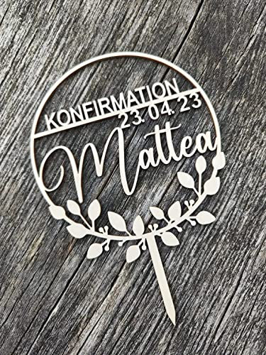 Cake Topper für Konfirmation, Kommunion, Taufe, Jugendweihe, Geburtstag, Kranz, Personalisiert, Topper, Datum