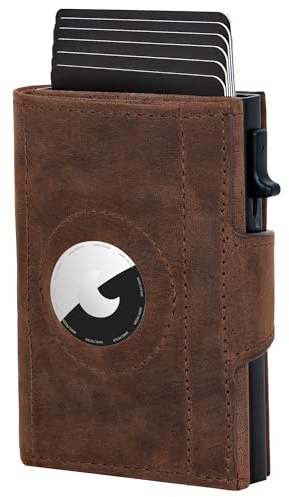 Marc Peter® Chicago Rustic Bräune Leder Push Air Slim Wallet | Airtag Geldbörse mit Münzfach | RFID Schutz kleines Mini Portmonee