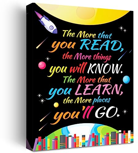 Inspirierendes Buchzitat Wandkunst für Klassenzimmer-Dekoration, The More That You Read the More Things You Will Know, Leinwand-Posterdruck für Klassenzimmer, Schule, Kindergarten, Lesezimmer, Dekor