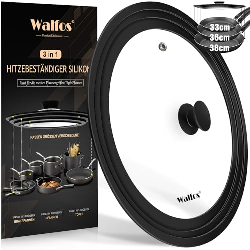 Walfos Universal Lid for Pots, Pans and Skillets - Fits 33cm, 36cm and 38cm Diameter Cookware, Glass Pan Lid with Heat Resistant Silicone Rim, (Black)