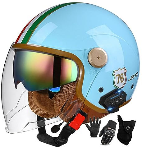 BGGNG Medio Casco De Moto Abierto con Bluetooth Integrado,ECE Homologado Casco Moto Jet Scooter con Un Micrófono Incorporado Y Doble Visera,para Mujer Hombre Adultos P,XL=61-62cm
