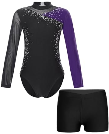 Aiihoo Mädchen Turnanzug Langarm Glänzende Tanzbody mit Strass und Shorts Tanzbody Trikotbody Tanzkleidung Tanz Gymnastik Trikots Tanzkostüm U Lila 122-128