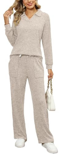 SotRong Damen Set Hose und Oberteil 2-teiliges Outfit Freizeitanzüge Gerippt Lounge-Set Damen-Trainingsanzug-Sets übergroße Langarm-Tops und Hose mit Weitem Bein mit Taschen Beige M