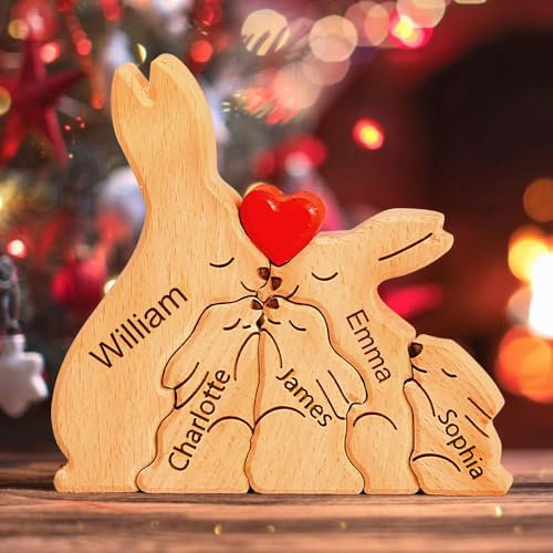 Personalisiertes Holzkunstpuzzle der Kaninchenfamilie mit 1-8 Namen| Kaninchenskulptur aus Holz als Desktop-Dekoration Ornament für Zuhause | Tischdekoration, Geschenk für Familie | Bürodekoration