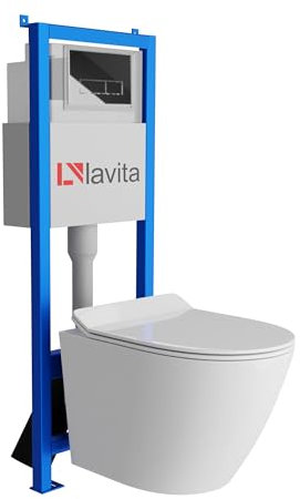 Lavita LAV 101 Vorwandelement für WC 40cm + Wand Hänge Tiefspül WC SOGO SLIM Weiß Spülrandlos + Bedienplatte LAV 200.3.2 Verchromt + WC Sitz mit Absenkautomatik Komplettset Unterputz Spülkasten WC
