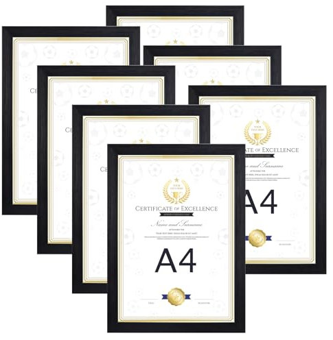 EXYGLO 7er Set Bilderrahmen DIN A4 (21x29,7 cm) - Schwarzer Rahmen für Fotos, Kunstwerke, Urkunden, Dokumente - Wand- oder Tischaufsteller Fotorahmen Collage