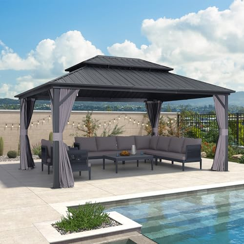 PURPLE LEAF Pavillon 3.65 x 4.85 m Festem Dach, Basisch Gartenpavillon Wasserdicht Stabil Winterfest Alupavillon mit Stahldach Hardtop Pavillon mit Seitenwänden, Grau