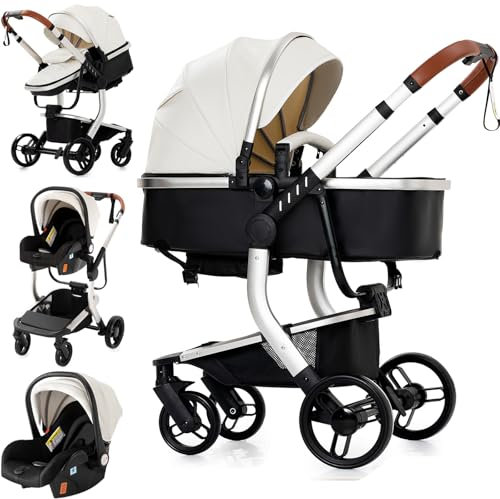 Reenborn PU-Leder Kinderwagen 3 in 1, Buggy mit Zwei Umkehrbaren Schiebemodi, Kinderwagen mit Rahmen Aluminiumlegierung, Kombikinderwagen 3 in 1 Komplettset mit Ein-Klick-Faltdesign (518 White)