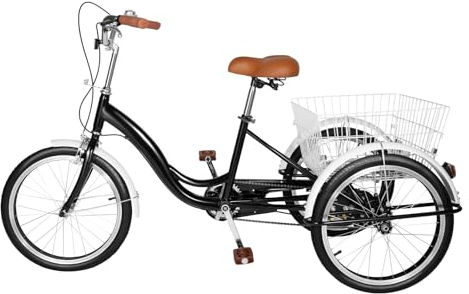 MINRS 20 Zoll Dreirad für Erwachsene Senioren Dreirad 3-Rad Fahrrad Dreirad Modernes Erwachsenen Dreirad mit Rückenlehne und Einkaufskorb Einstellbare Geschwindigkeit Höhe Schwarz