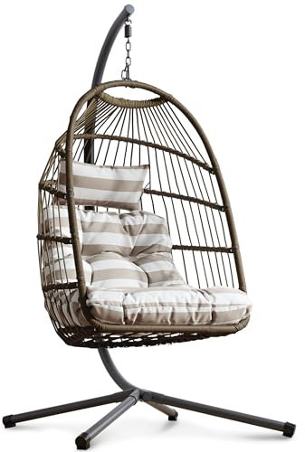 Swing Chairs, Rattan Hanging Egg Chair with Cushion, Foldable Egg Chair Outdoor Indoor, Garden Patio Hammock Chair with Stand & Adjustable Height, upto 160 Kg Weight Capacity