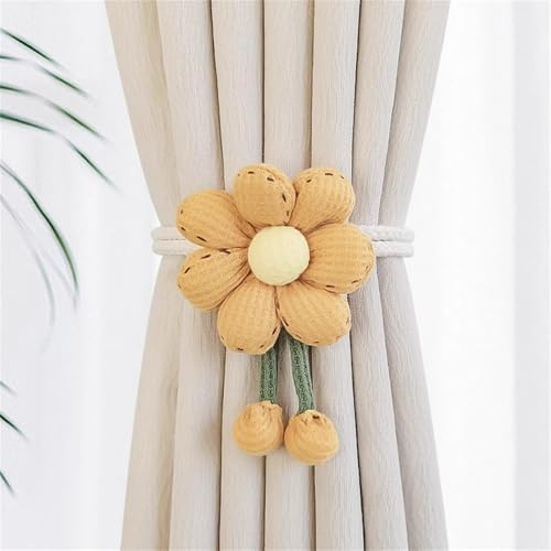 2 Stück Vorhang Raffhalter Blumen Vorhanghalter Handgefertigte Gestrickte Vorhang Halter Elastische Gardinenhalter Zugband Gardinen Kordel für Büro Hausdekoration (Gelb,45 cm)
