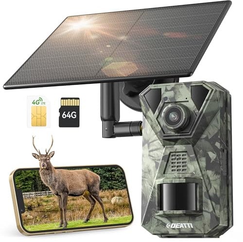 DEATTI Camara Fototrampeo Solar 4G LTE Camara Caza con Tarjeta SD de 64 GB, Tarjeta SIM Camara de Caza Nocturna 940nm Invisibles IR Leds IP66 Impermeable, con Batería Incorporada de 7800mAh