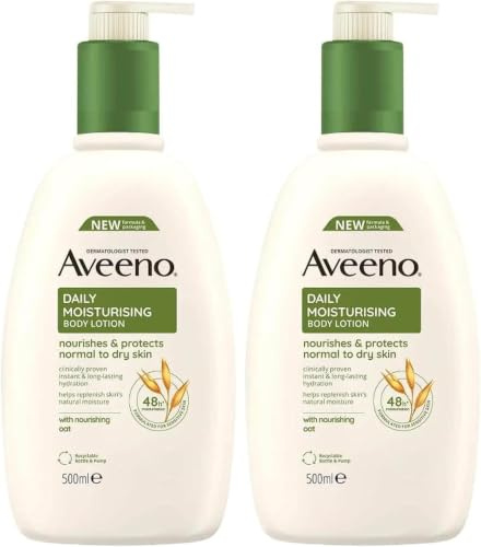 Aveeno Daily Moisturising Body Lotion for Sensitive Skin 500 ml, Pack of 2 - Nourishing Oats Formula for Long-Lasting Hydration and Gentle Skin Care