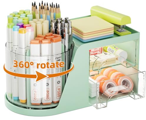 Marbrasse Desk Organiser,360-Degree Rotating Pen Holder,Desk Organisers Accessories with 5 Compartments Pencil Organizer,Art Supply Storage Box Caddy for Home Office (Green)
