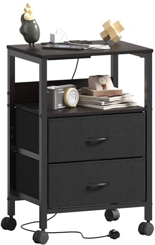 Lutown-Teen Bedside Table with Charging Station, Night Stand Small Bedside Cabinet with Open Storage Shelf and 2 Fabric Drawers, Side Table with 4 Castor Wheels for Bedroom, Living Room, Black